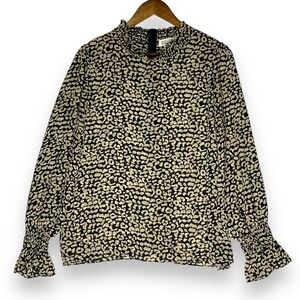 Molly Bracken Blouse‎ Leopard Cheetah Ruffle Neck Cuff Long Sleeve Neutral L